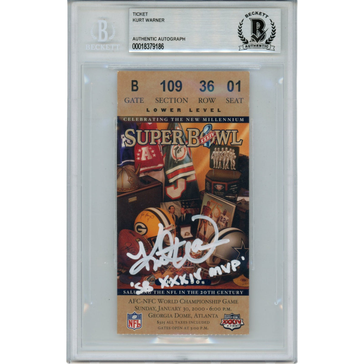 Kurt Warner St Louis Rams Signed Card - Super Bowl 34 Ticket SB MVP Beckett Beckett-Powers Sports Memorabilia