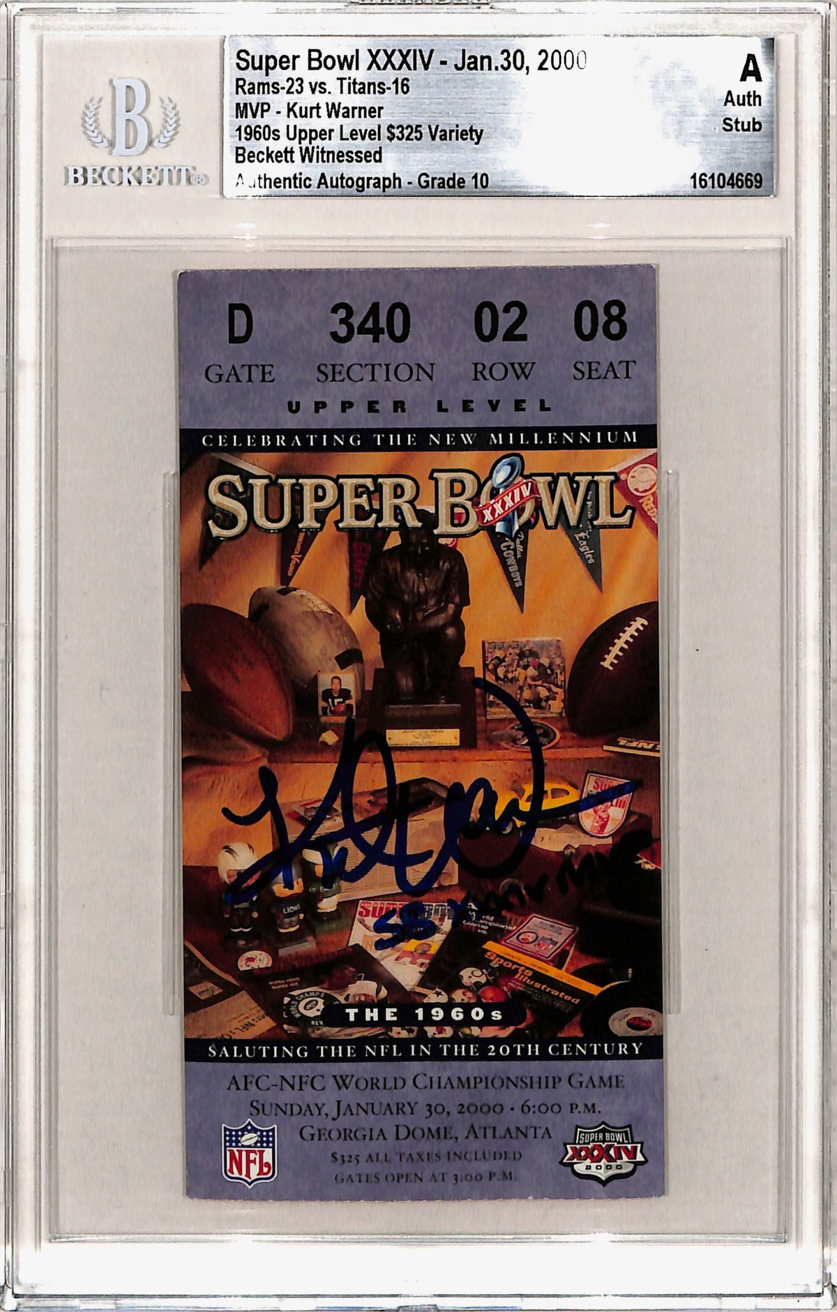 Kurt Warner St Louis Rams Signed Card - Ticket Stub SB XXIV MVP Beckett Slab Beckett-Powers Sports Memorabilia