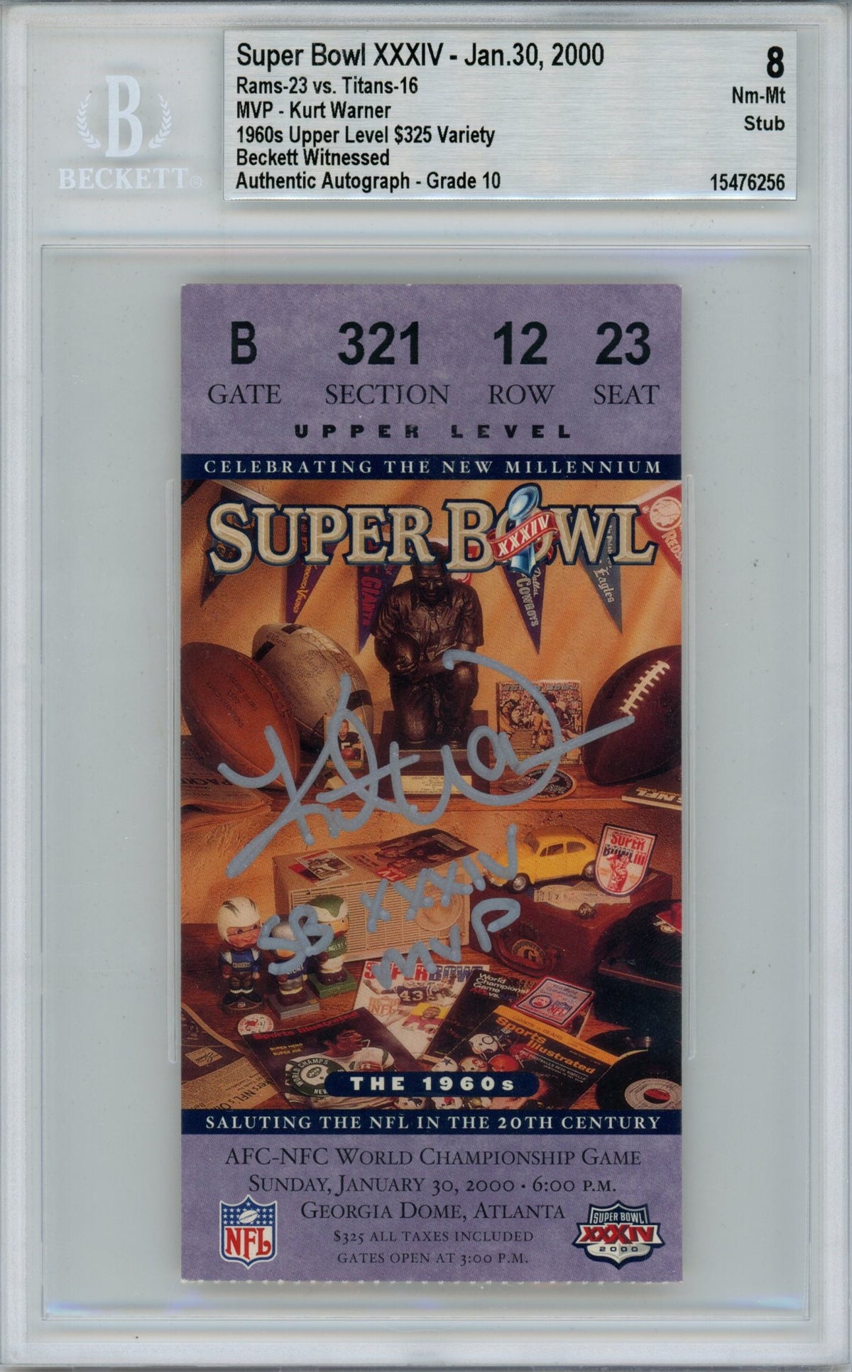 Kurt Warner St Louis Rams Signed Card - Grade 8 Ticket Stub SB MVP Beckett Beckett-Powers Sports Memorabilia
