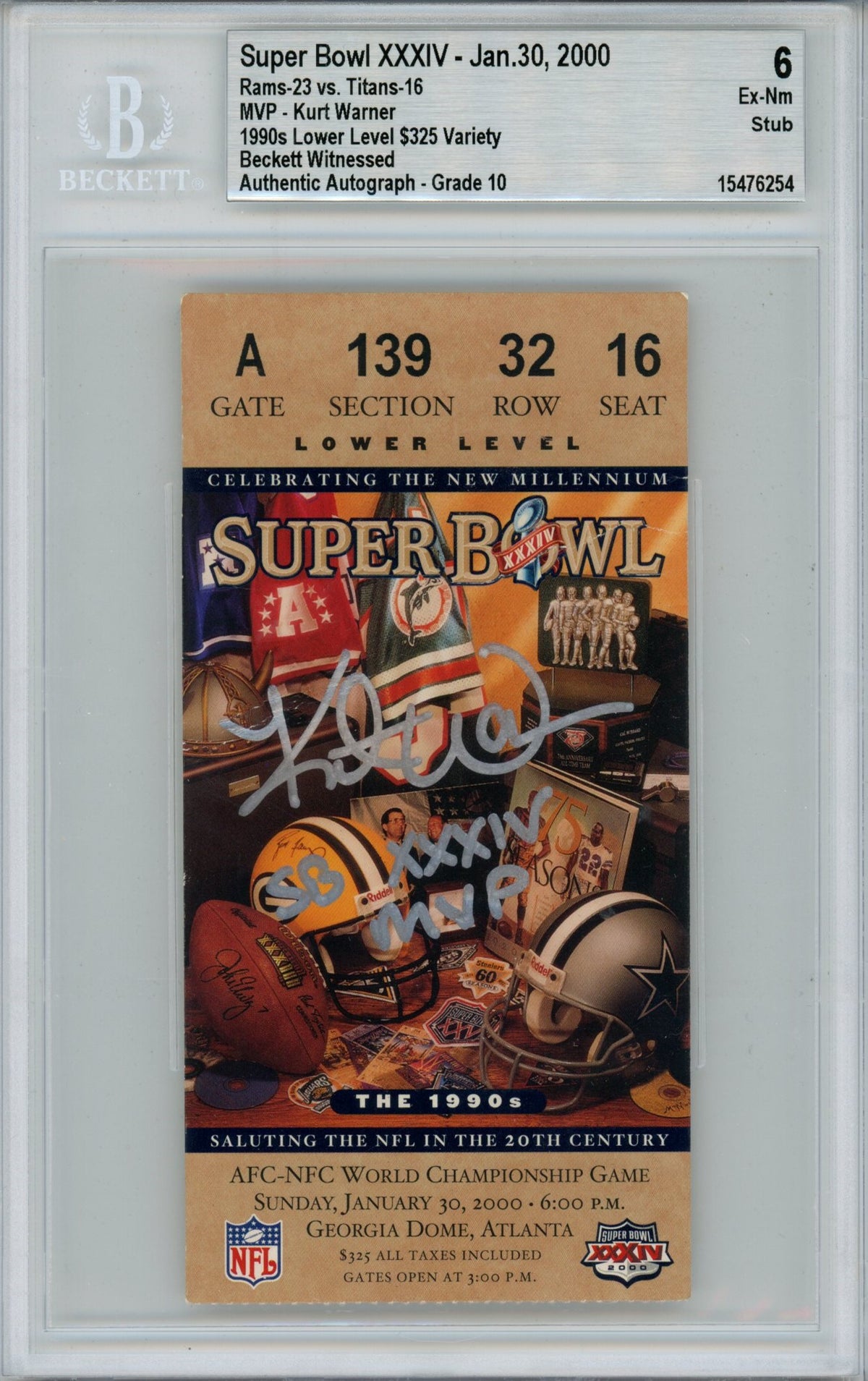 Kurt Warner St Louis Rams Signed Card - Grade 8 Ticket Stub SB MVP Beckett Beckett - 40346-Powers Sports Memorabilia