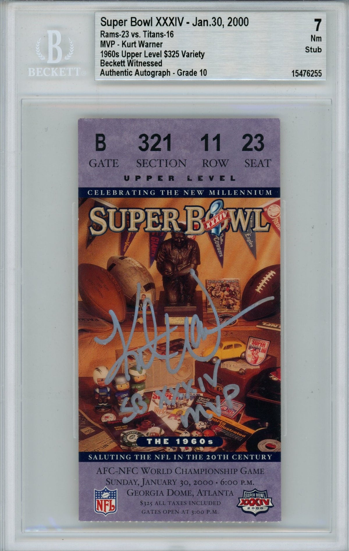 Kurt Warner St Louis Rams Signed Card - Grade 6 Ticket Stub SB MVP Beckett Beckett-Powers Sports Memorabilia