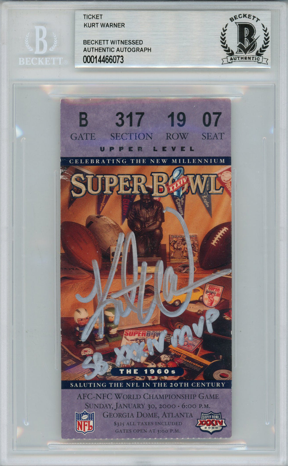 Kurt Warner St Louis Rams Signed Card - Super Bowl XXXIV Ticket Stub SB MVP Beckett Slab Beckett-Powers Sports Memorabilia