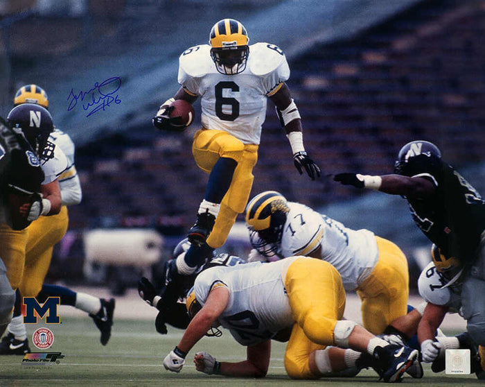 Tyrone Wheatley Autographed Michigan Wolverines White Jersey Action 16x20 Photo-Powers Sports Memorabilia
