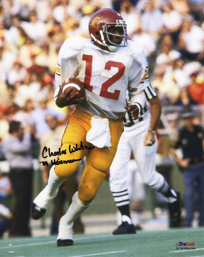 Charles White Autographed USC Trojans White Jersey Action 8x10 Photo with 79 Heisman (In Black)-Powers Sports Memorabilia