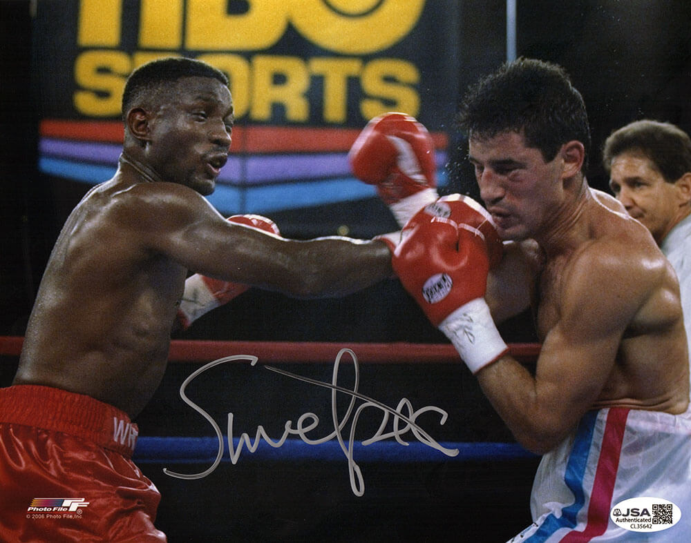 Pernell 'Sweet Pea' Whitaker Autographed Boxing Red Trunks Punching Action 8x10 Photo - (JSA)-Powers Sports Memorabilia