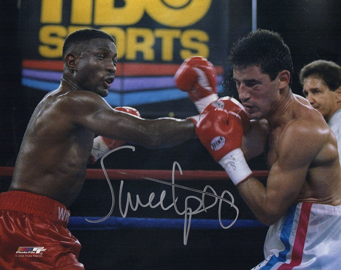 Pernell 'Sweet Pea' Whitaker Autographed Boxing Red Trunks Punching Action 8x10 Photo-Powers Sports Memorabilia