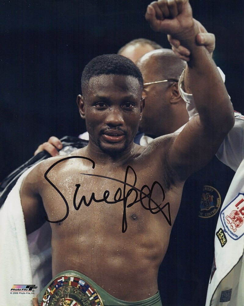 Pernell 'Sweet Pea' Whitaker Autographed Boxing Arm Raised Close Up 8x10 Photo-Powers Sports Memorabilia
