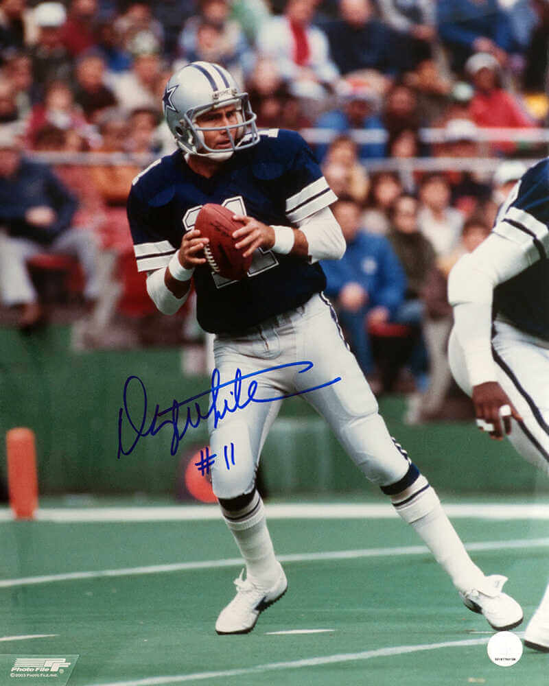 Danny White Autographed Cowboys Navy Jersey Action 16x20 Photo-Powers Sports Memorabilia