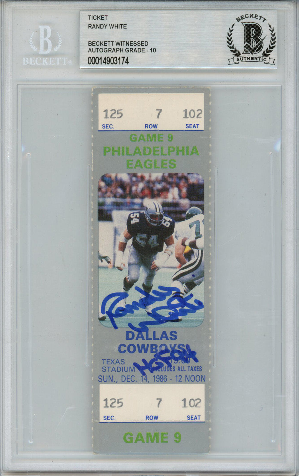 Randy White Dallas Cowboys Signed Card - 12/14/1986 Ticket Stub w/HOF Beckett Slab Beckett-Powers Sports Memorabilia