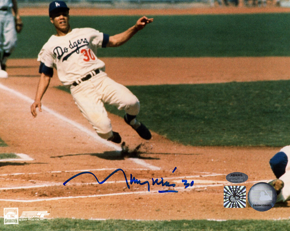 Maury Wills Autographed Los Angeles Dodgers Sliding Into Home 8x10 Photo-Powers Sports Memorabilia