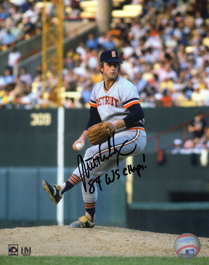 Milt Wilcox Autographed Detroit Tigers Pitching Grey Jersey Action 8x10 Photo with 84 WS Champs-Powers Sports Memorabilia