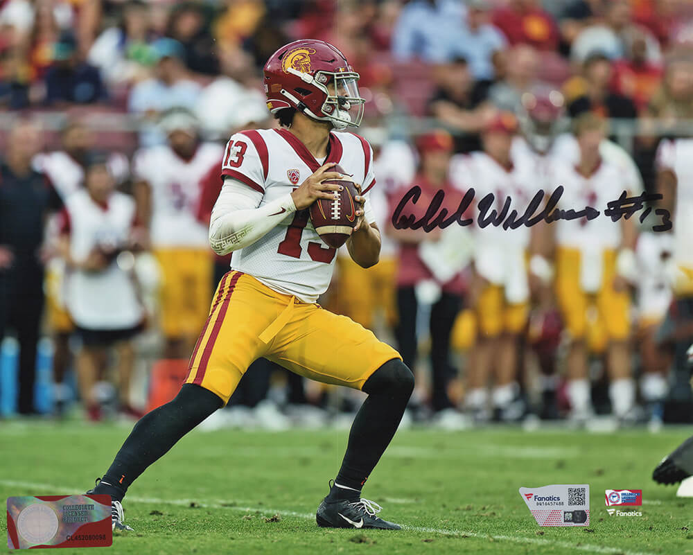 Caleb Williams Autographed USC Trojans White Jersey Action 8x10 Photo (Fanatics)-Powers Sports Memorabilia