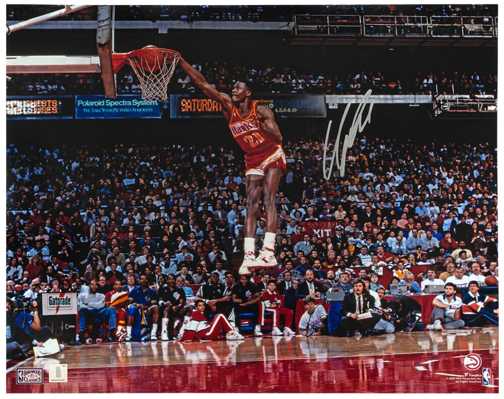 Dominique Wilkins Autographed Hawks One Hand Dunk 16x20 Photo-Powers Sports Memorabilia