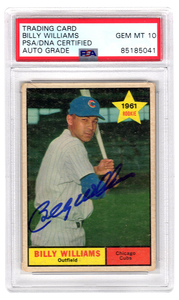 Billy Williams Autographed Chicago Cubs 1961 Topps Baseball Rookie Card #141 (PSA Encapsulated / Autographed Grade 10)