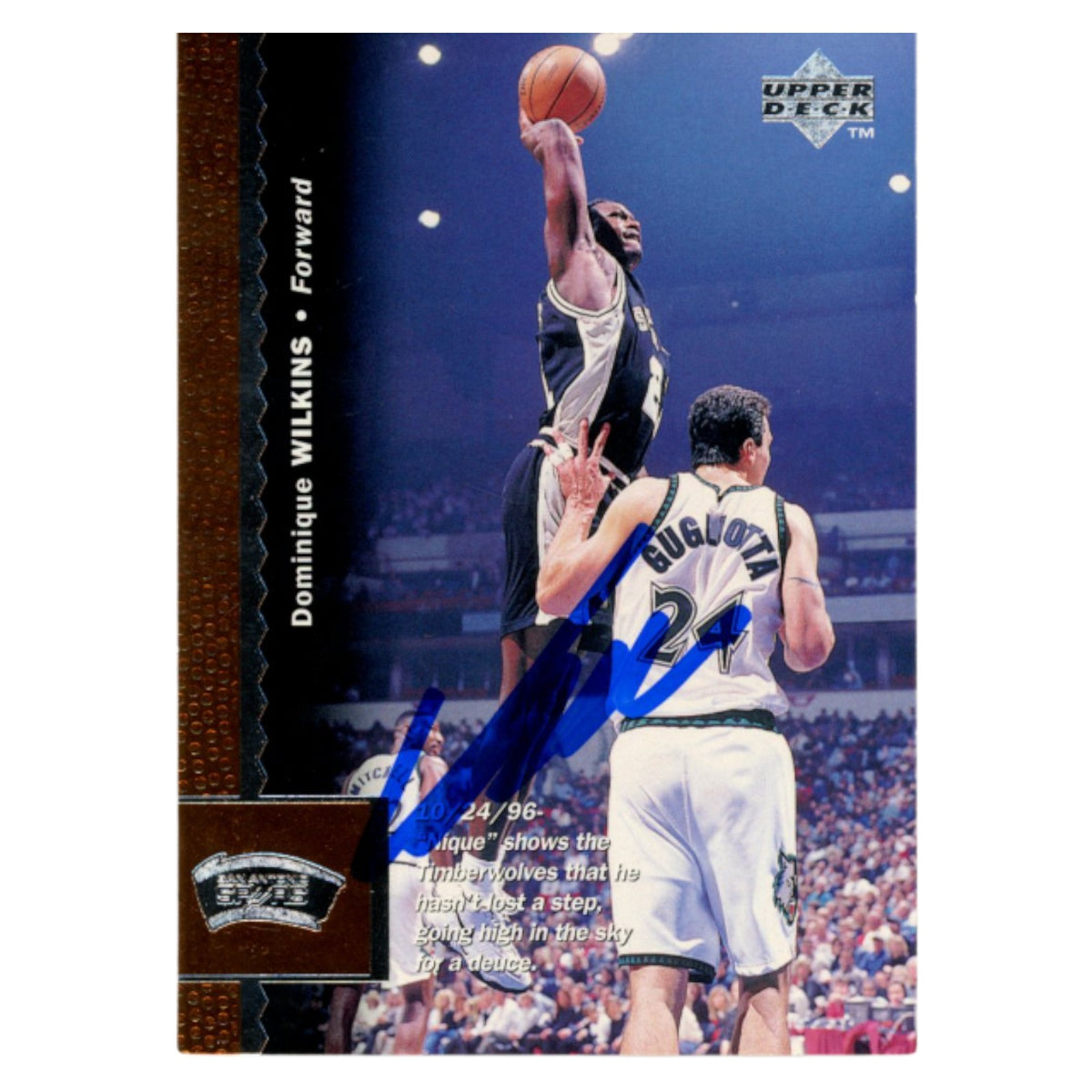 Dominique Wilkins San Antonio Spurs Signed Card - 1997 Upper Deck #295 Beckett Beckett-Powers Sports Memorabilia