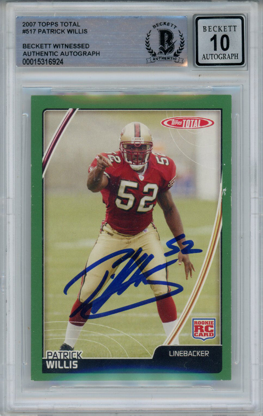 Patrick Willis 2007 Topps Total #517 Rookie Signed Card Beckett 10 Slab Beckett-Powers Sports Memorabilia