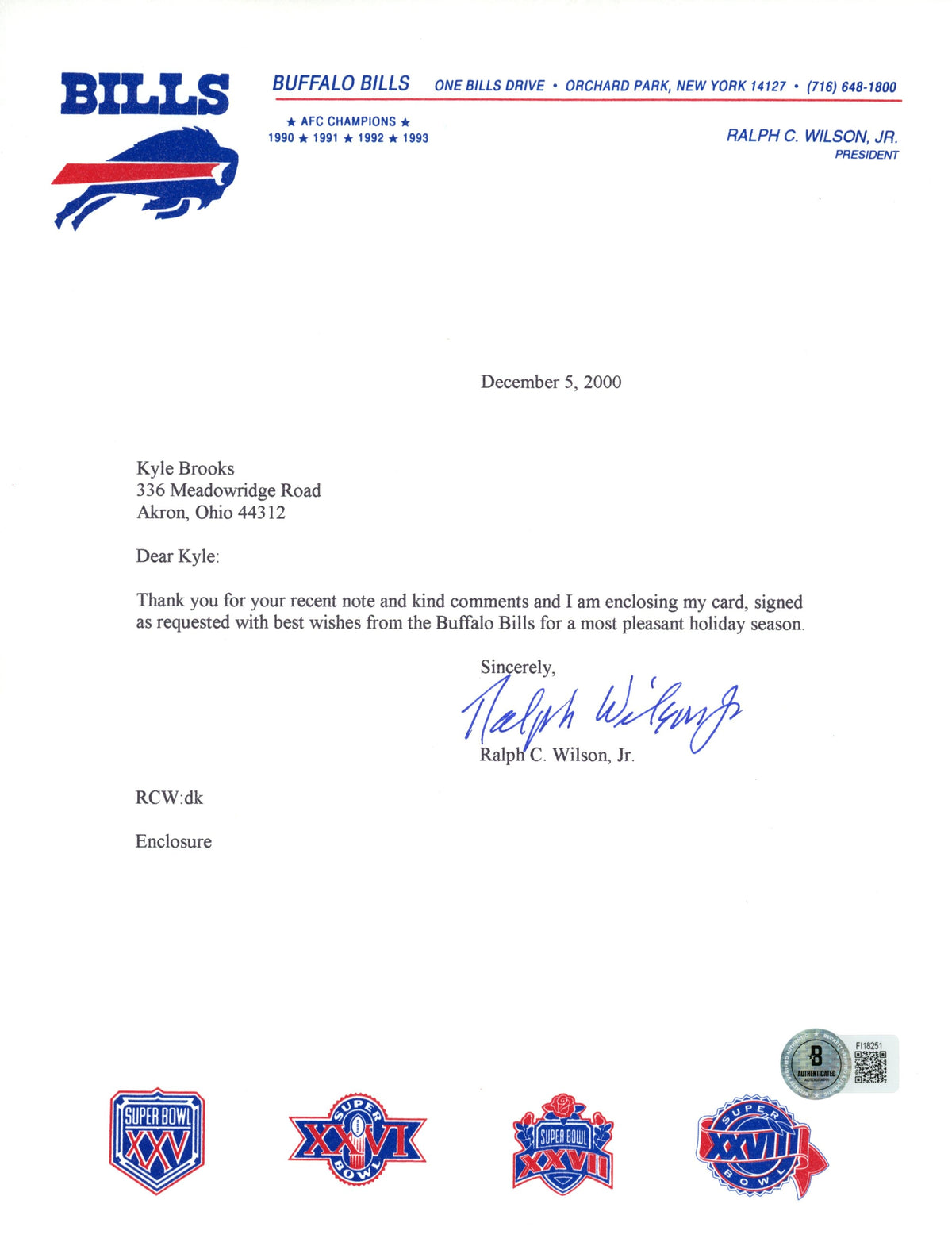 Ralph Wilson Jr Buffalo Bills Signed Mini Helmet - Team Letter Personalized Beckett Beckett-Powers Sports Memorabilia