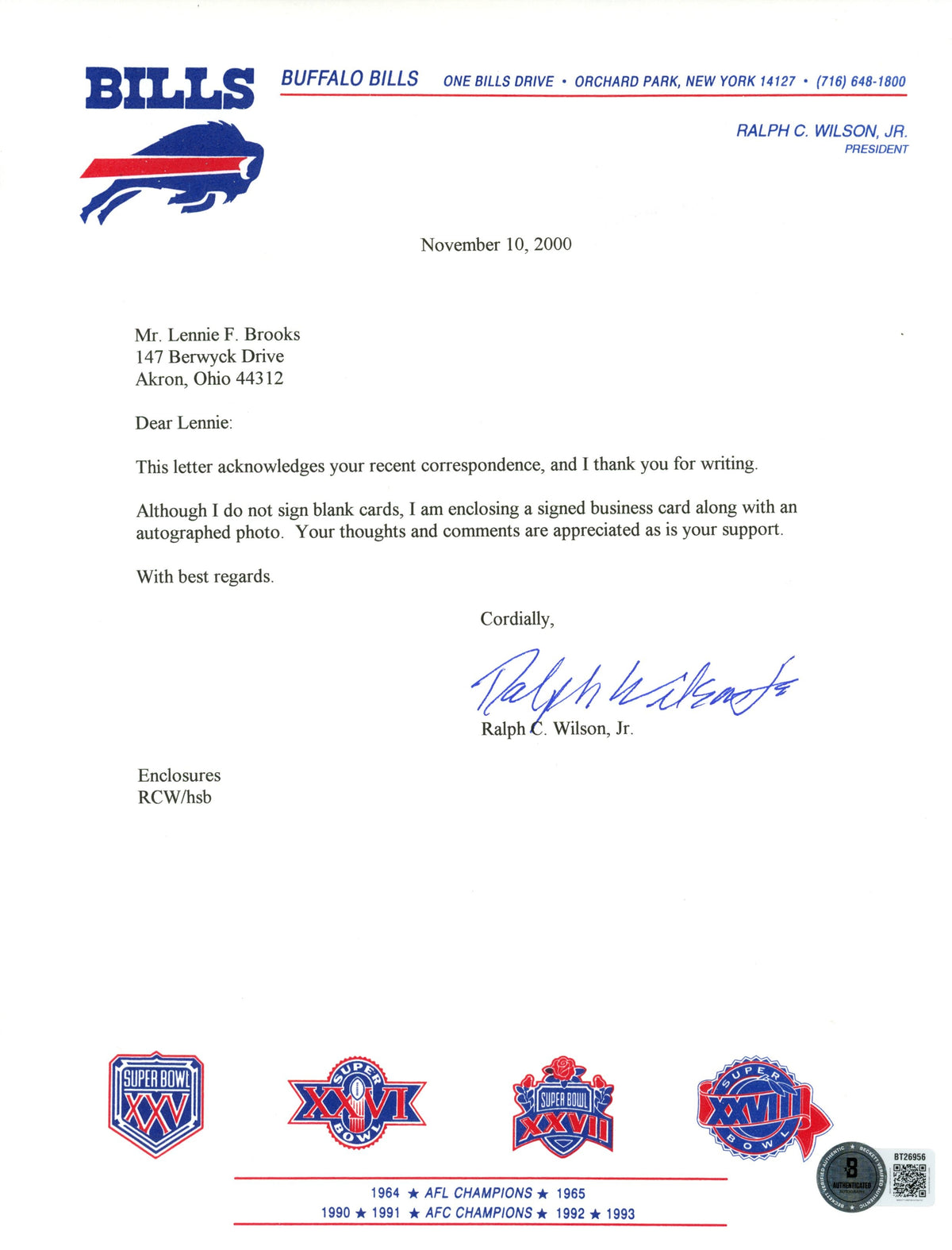 Ralph Wilson Buffalo Bills Signed Mini Helmet - Personalized Team Letter Beckett-Powers Sports Memorabilia