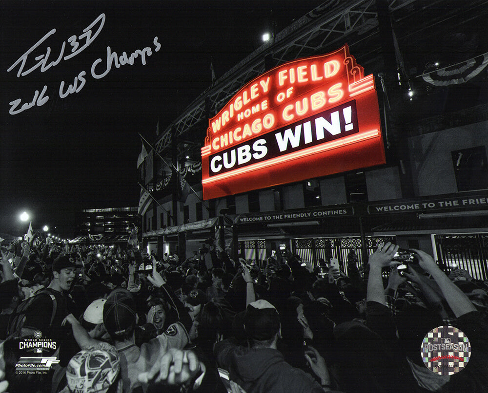 Travis Wood Autographed Cubs 2016 WS Wrigley Field Marquee Spotlight 8x10 Photo with 2016 WS Champs-Powers Sports Memorabilia