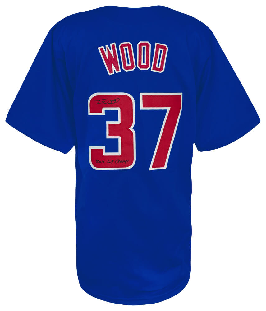 Travis Wood Autographed Blue Custom Baseball Jersey with 16 WS Champs-Powers Sports Memorabilia