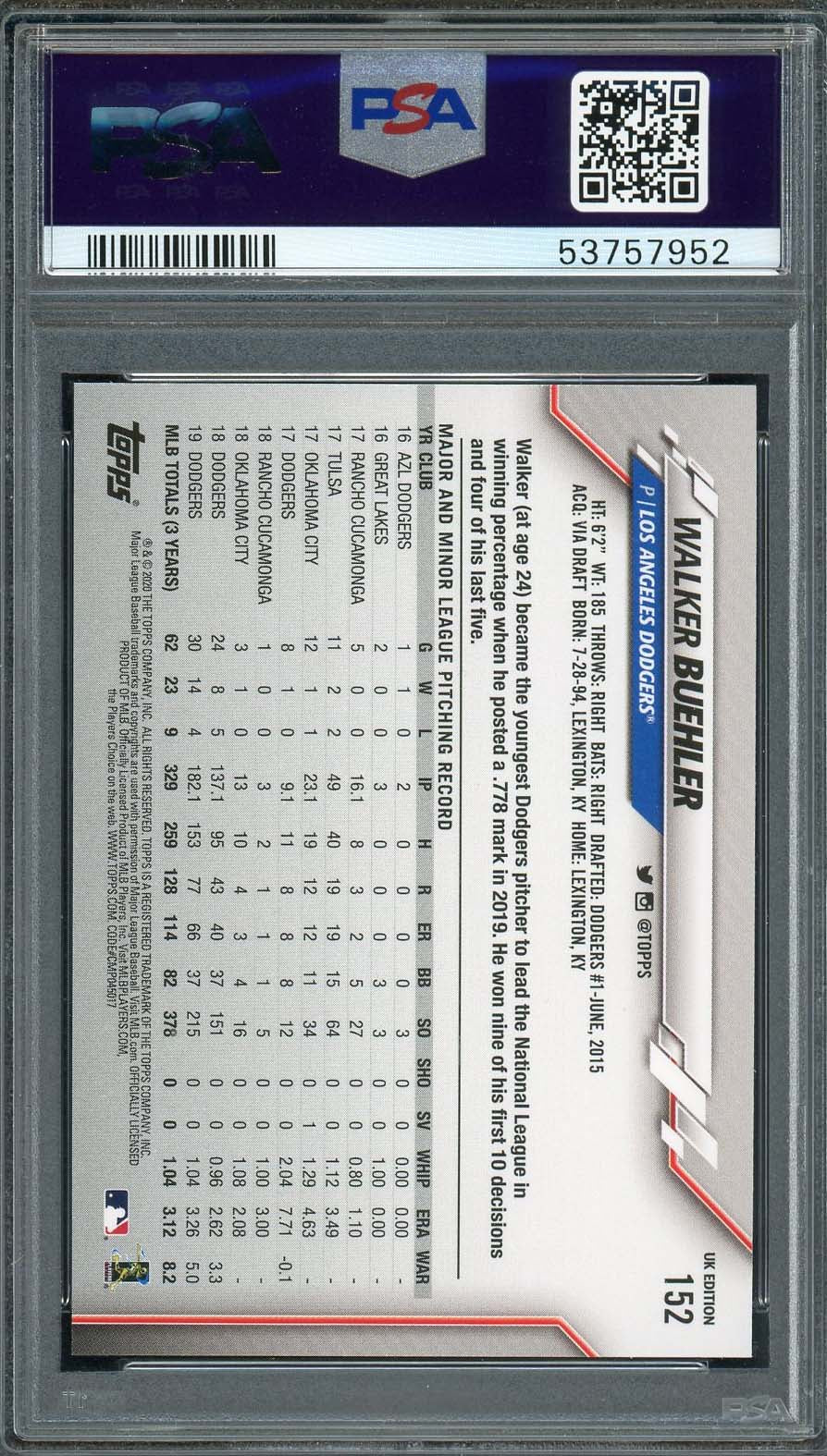 Walker Buehler 2020 Topps UK Edition Baseball Card #152 PSA 10-Powers Sports Memorabilia