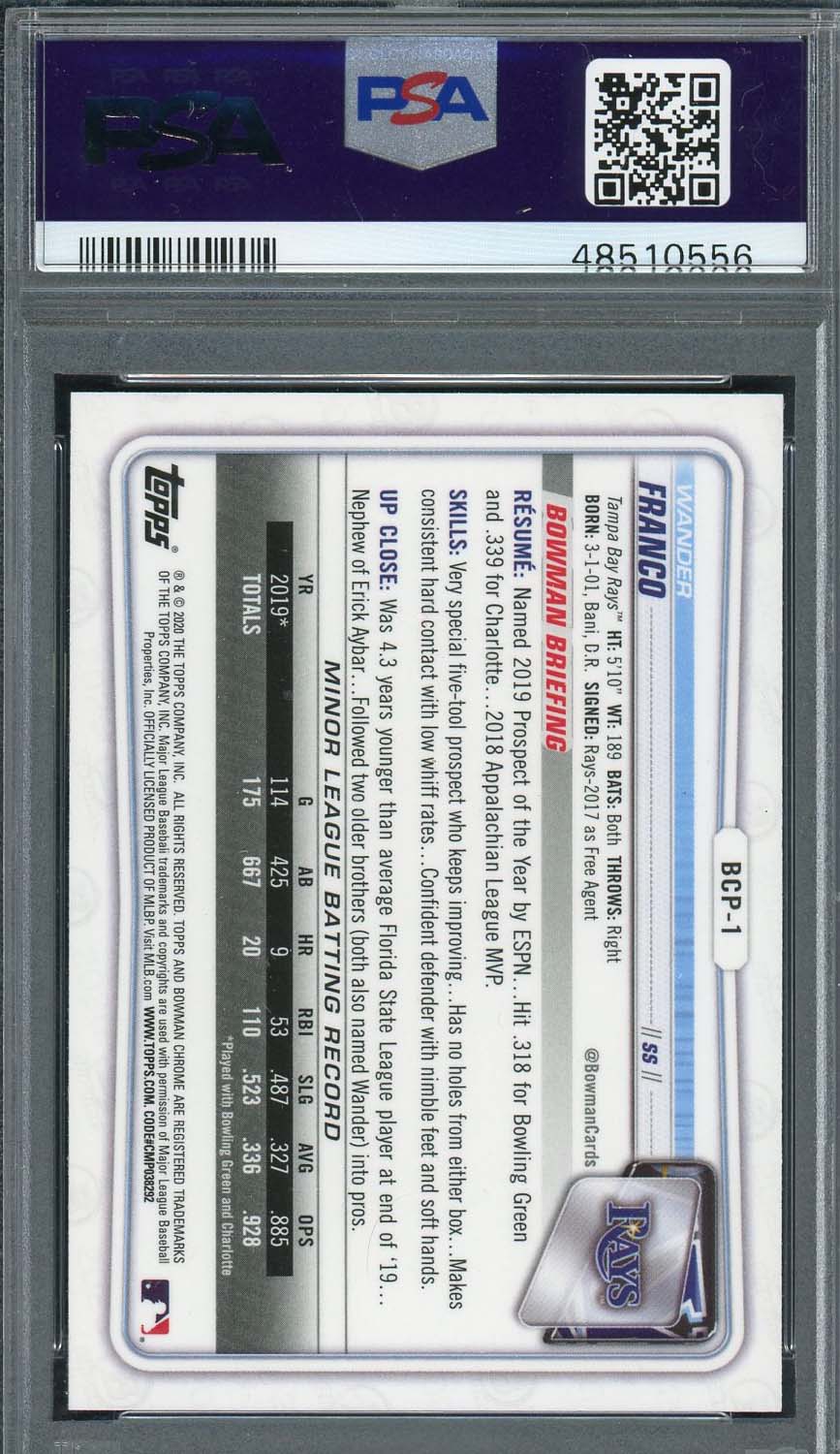 Wander Franco 2020 Bowman Chrome Prospects Baseball Rookie Card #BCP1 PSA 10-Powers Sports Memorabilia
