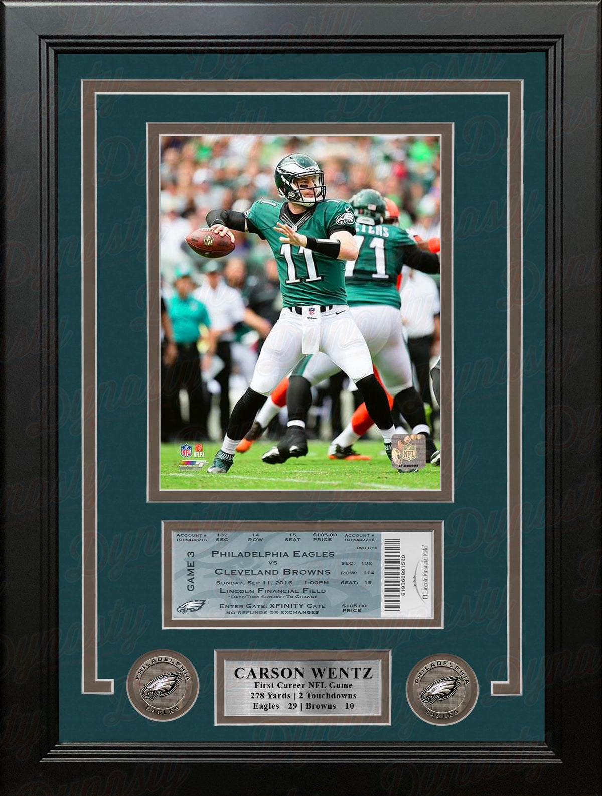 Carson Wentz 1st Career Win Philadelphia Eagles 16x20 Framed Photo with Replica 1st Win Game Ticket-Powers Sports Memorabilia