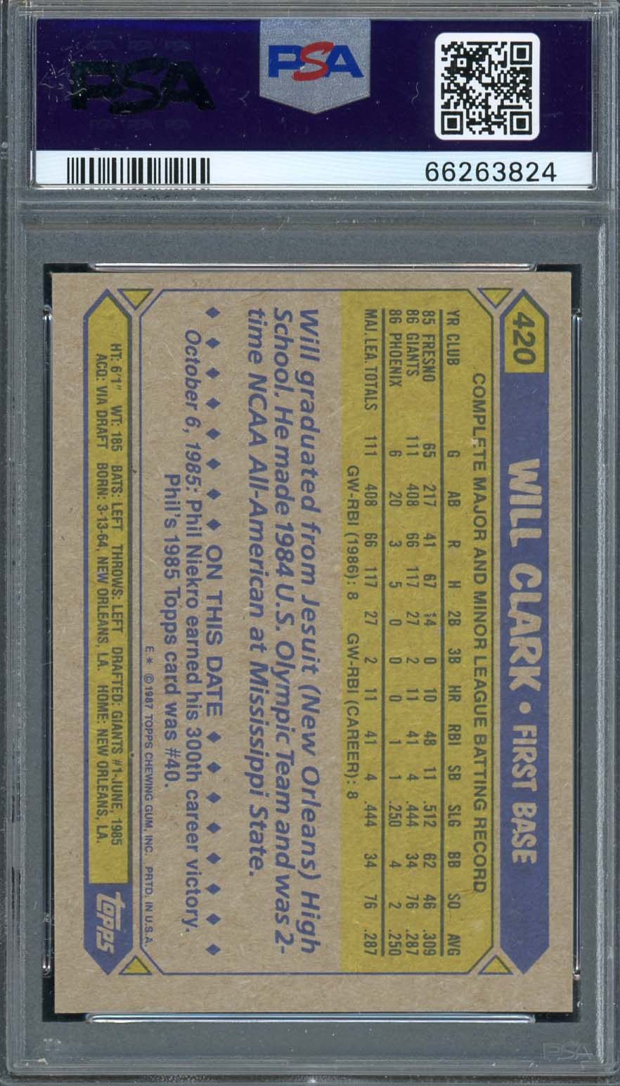 Will Clark 1987 Topps Baseball Rookie Card RC #420 Graded PSA 10-Powers Sports Memorabilia