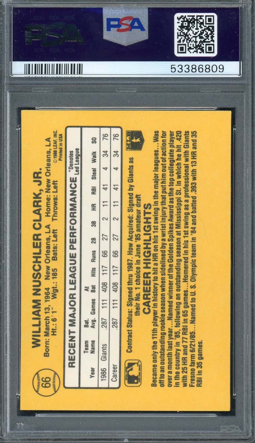 Will Clark 1987 Donruss Baseball Rookie Card RC #66 Graded PSA 10-Powers Sports Memorabilia