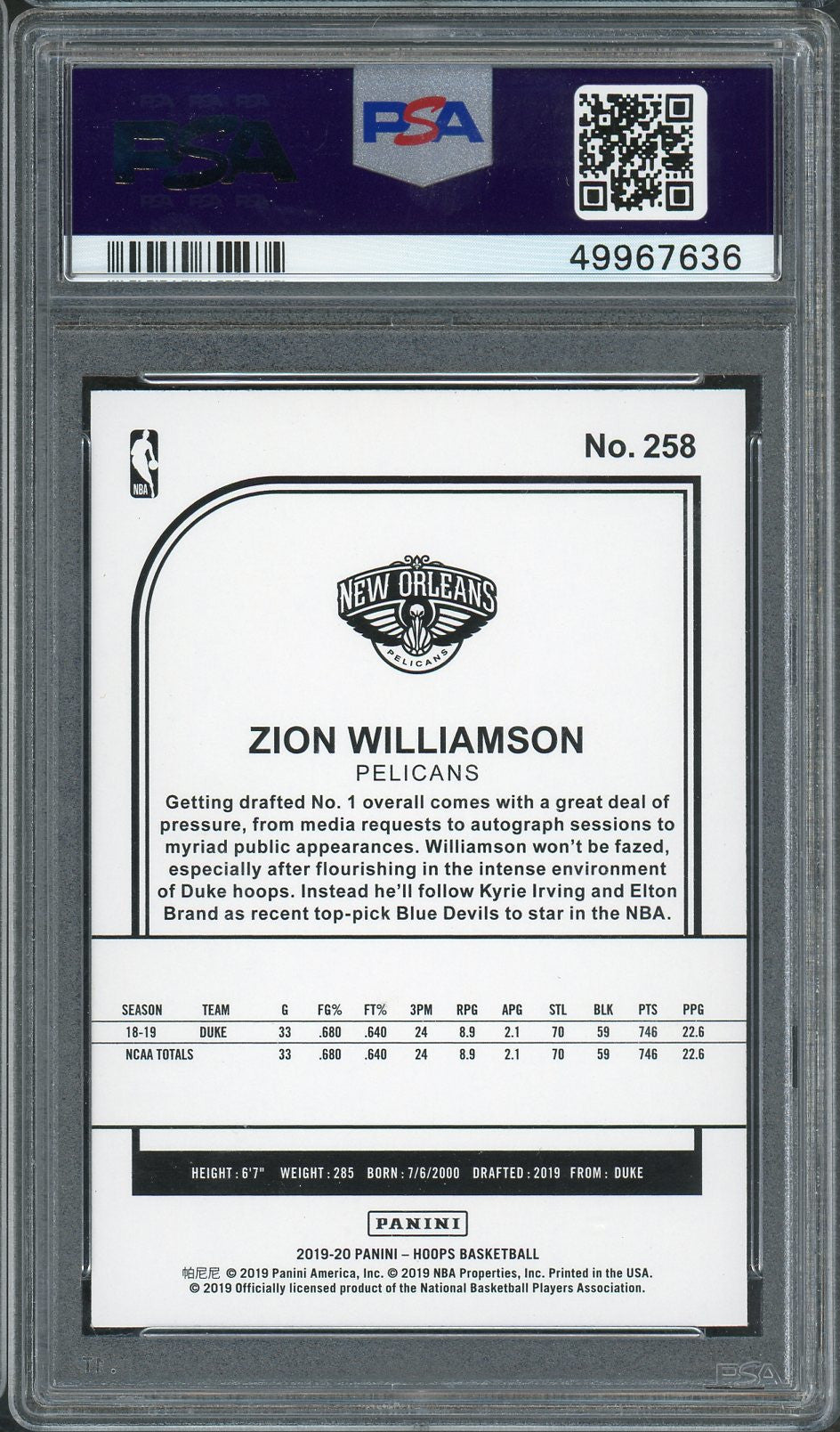 Zion Williamson 2019 Panini Hoops Basketball Rookie Card RC #258 Graded PSA 9 MINT-Powers Sports Memorabilia