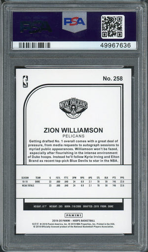 Zion Williamson 2019 Panini Hoops Basketball Rookie Card RC #258 Graded PSA 9 MINT-Powers Sports Memorabilia