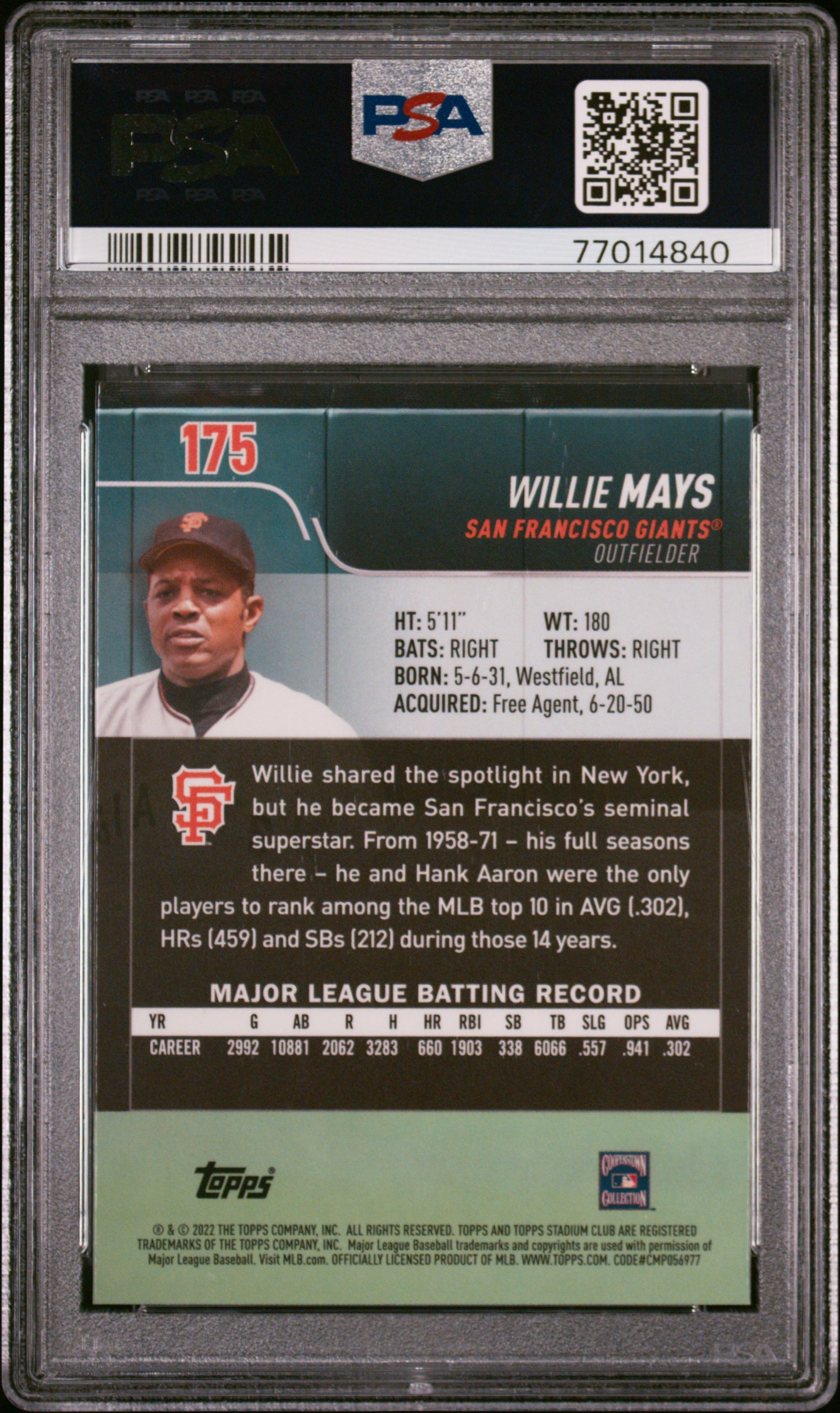 Willie Mays 2022 Topps Stadium Club Chrome Baseball Card #175 Graded PSA 10-Powers Sports Memorabilia