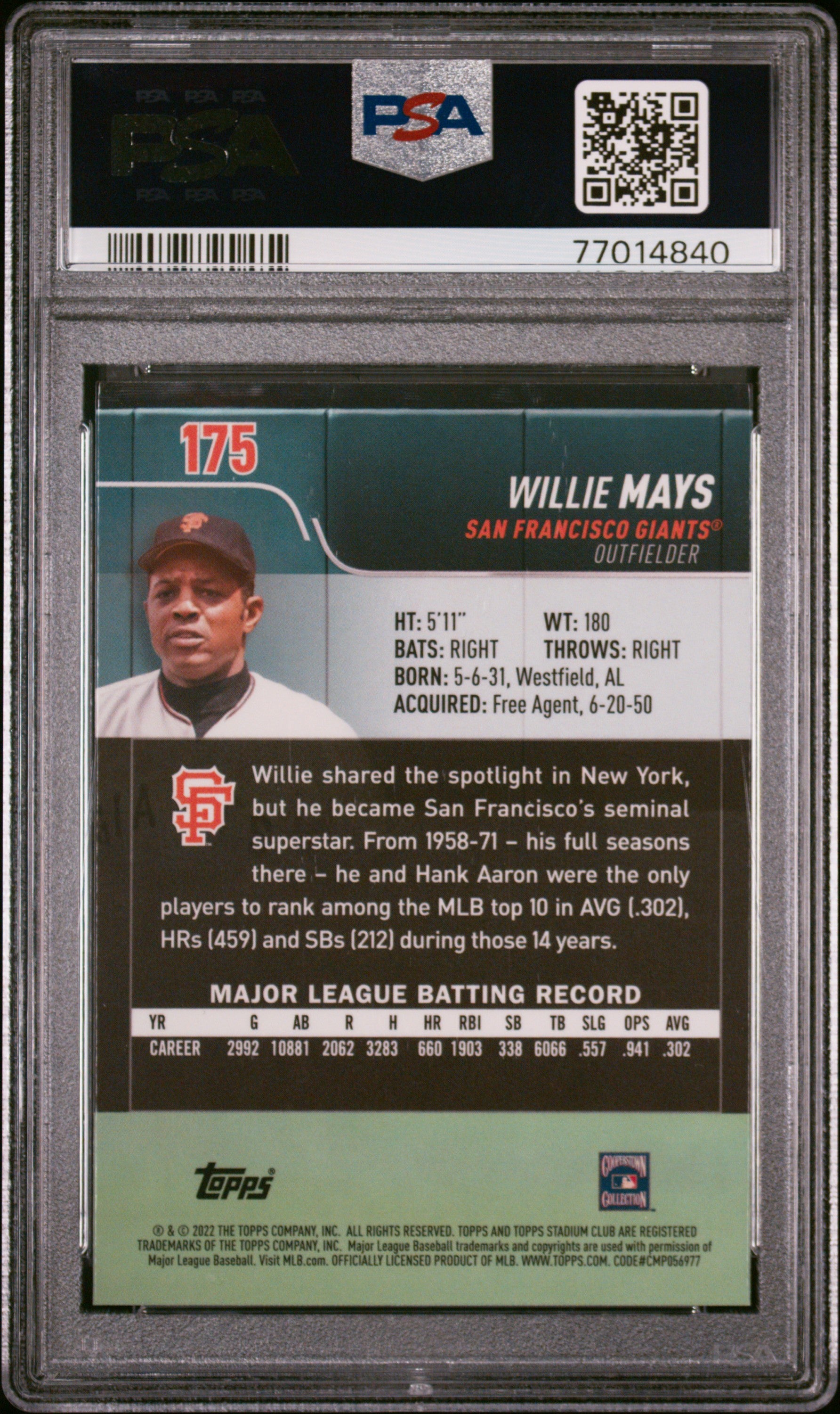 Willie Mays 2022 Topps Stadium Club Chrome Baseball Card #175 Graded PSA 10-Powers Sports Memorabilia