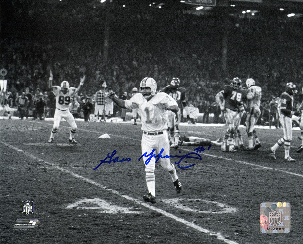 Garo Yepremian Autographed Miami Dolphins B&W Celebration vs. Chiefs 8x10 Photo-Powers Sports Memorabilia