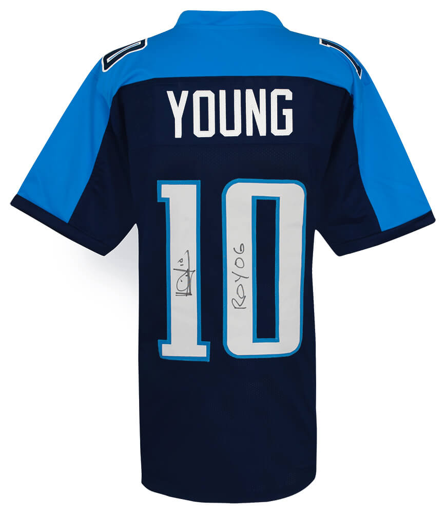Vince Young Autographed Blue Custom Football Jersey w/ ROY 06-Powers Sports Memorabilia