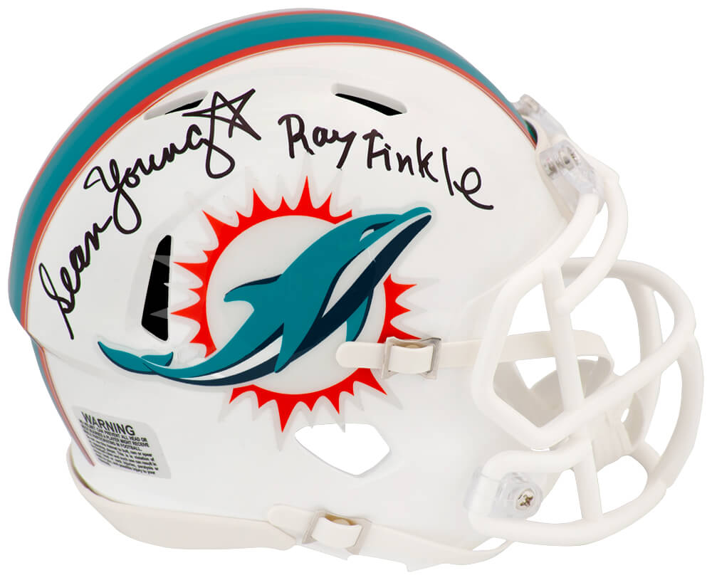 Sean Young Autographed Miami Dolphins Riddell Speed Mini Helmet with Ray Finkle-Powers Sports Memorabilia