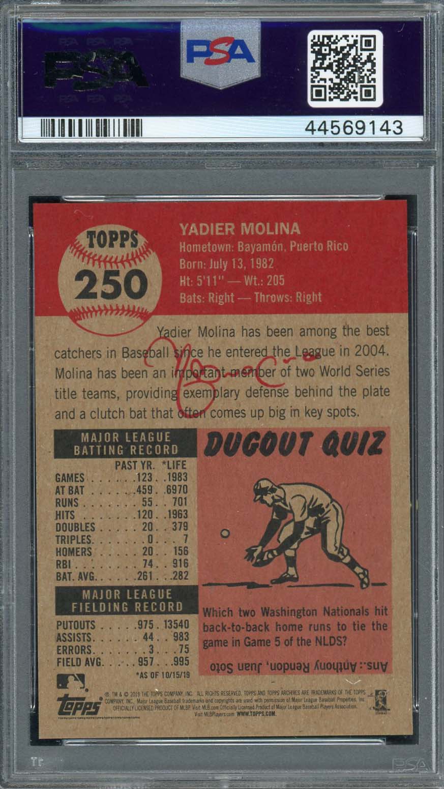 Yadier Molina 2019 Topps Living Baseball Card #250 Graded PSA 10-Powers Sports Memorabilia