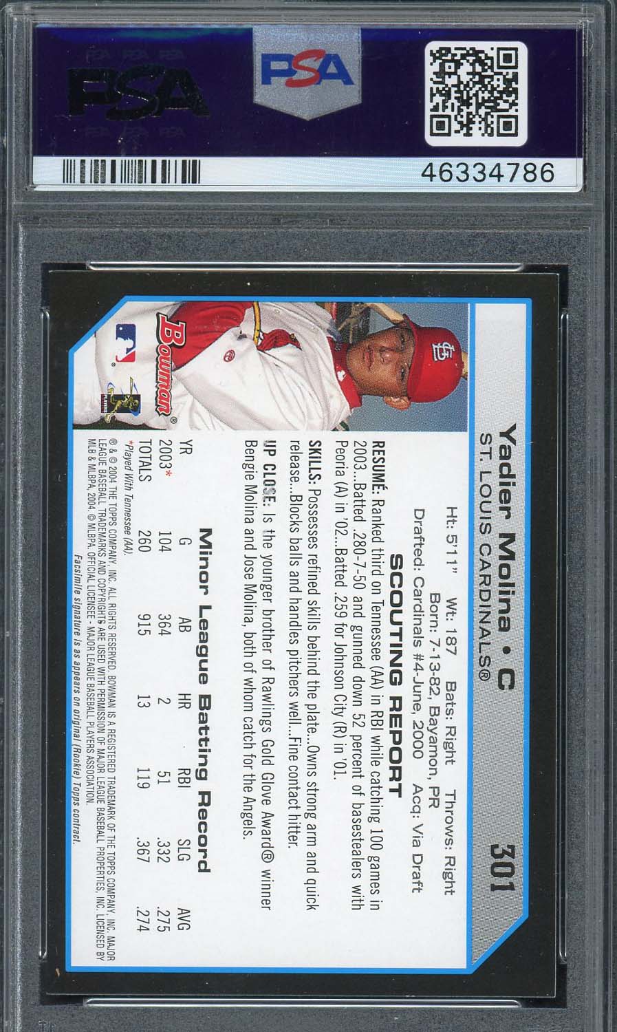 Yadier Molina 2004 Bowman Baseball Rookie Card RC #301 Graded PSA 8-Powers Sports Memorabilia