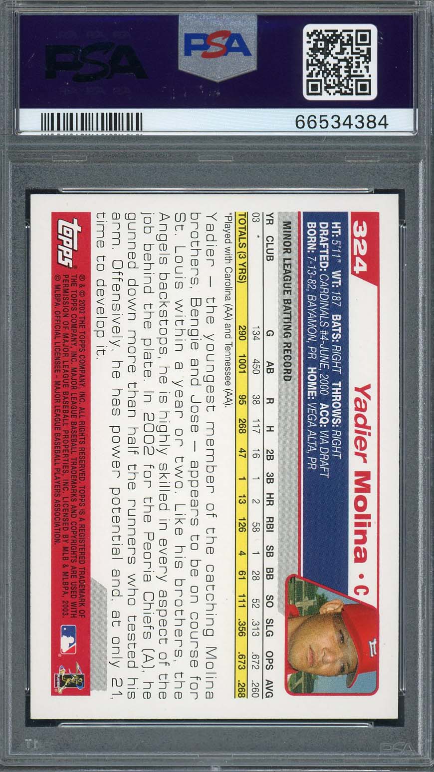 Yadier Molina 2004 Topps Baseball Rookie Card RC #324 Graded PSA 8-Powers Sports Memorabilia