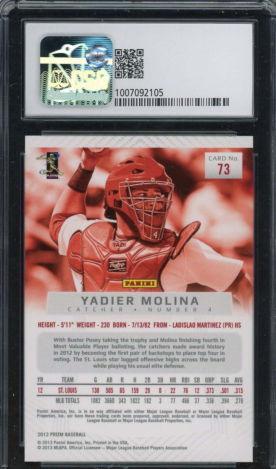 Yadier Molina 2012 Panini Prizm Baseball Card #73 Graded CSG 9-Powers Sports Memorabilia
