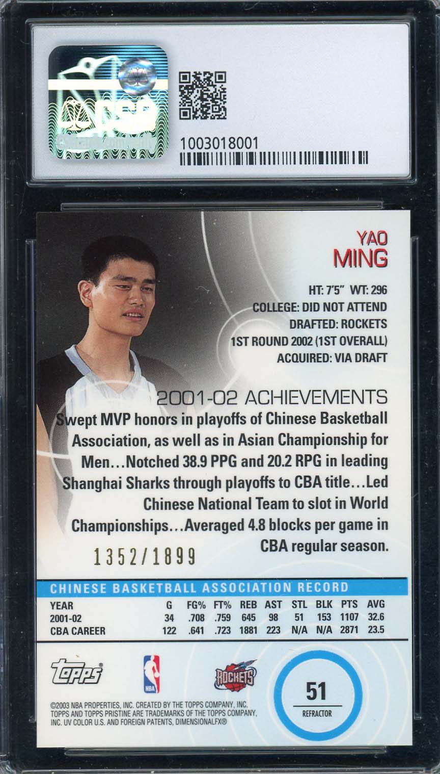 Yao Ming 2002 Topps Pristine Refractor Basketball Rookie Card #51 CSG 9.5 /1899-Powers Sports Memorabilia