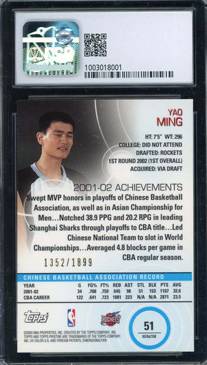 Yao Ming 2002 Topps Pristine Refractor Basketball Rookie Card #51 CSG 9.5 /1899-Powers Sports Memorabilia