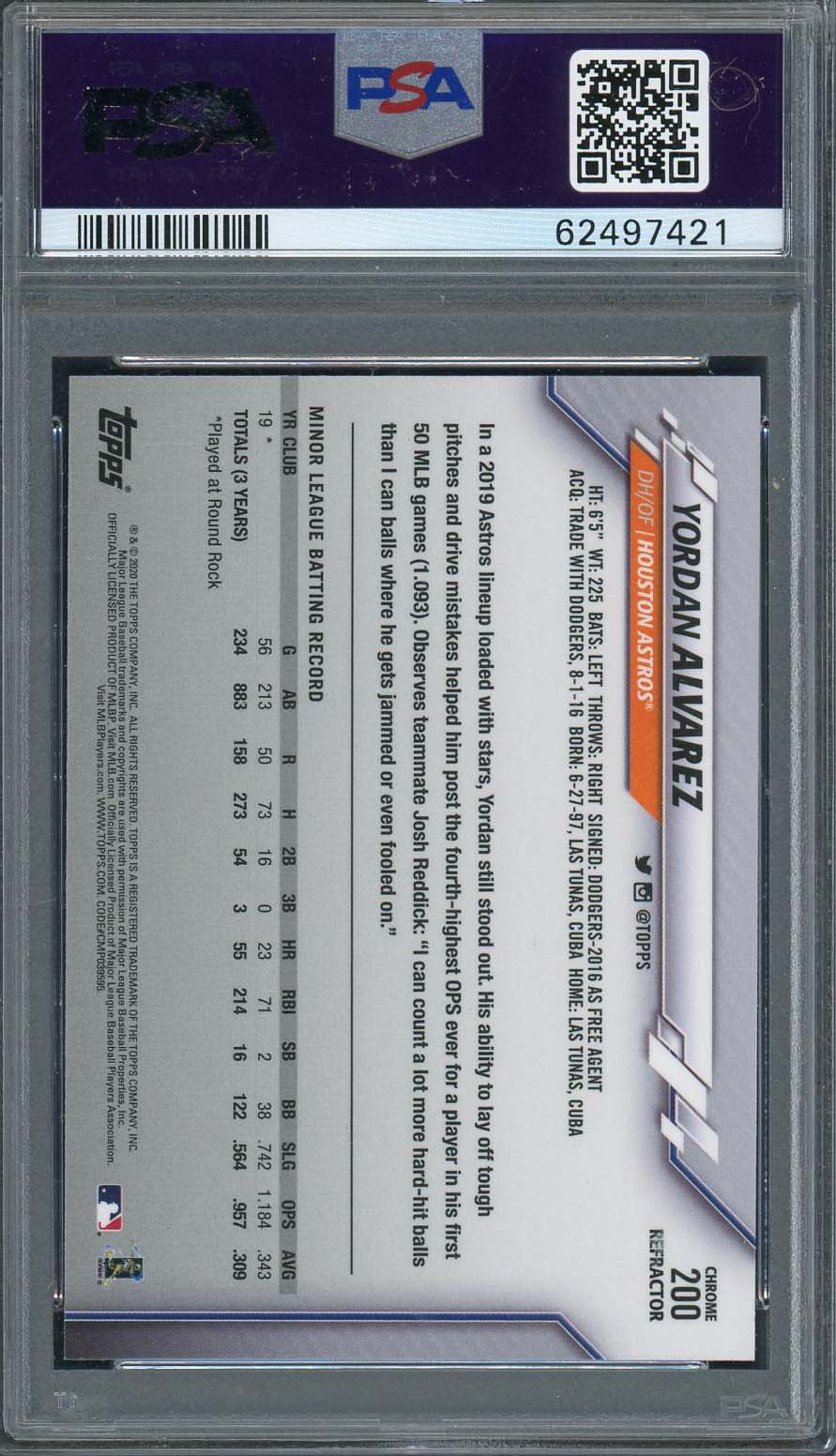 Yordan Alvarez 2020 Topps Chrome Sepia Refractor Rookie Card #200 Graded PSA 10-Powers Sports Memorabilia
