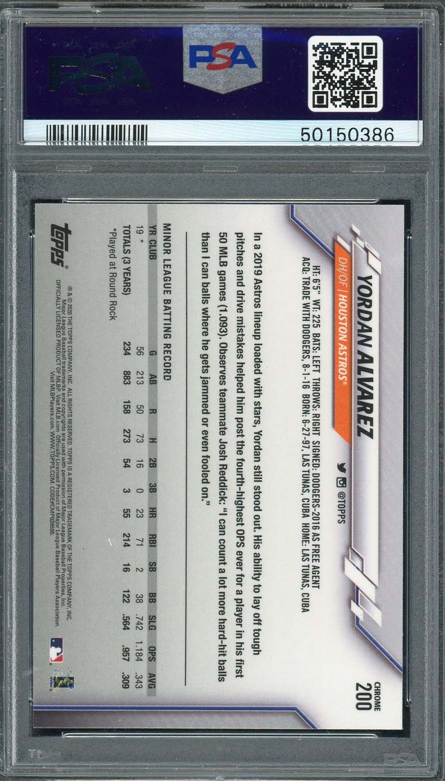 Yordan Alvarez 2020 Topps Chrome Baseball Rookie Card #200 Graded PSA 10-Powers Sports Memorabilia