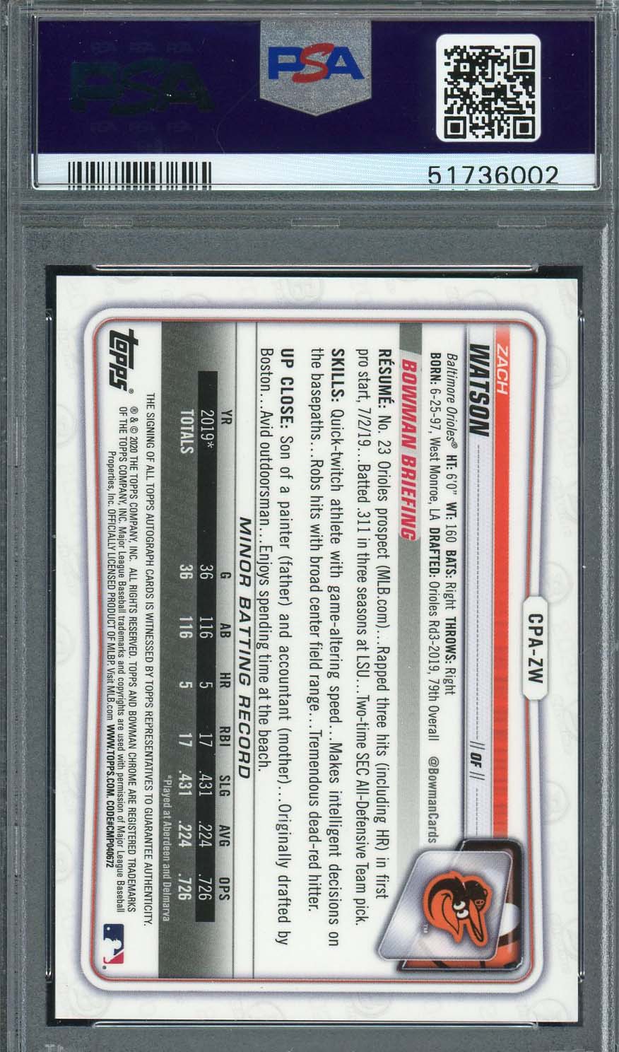 Zach Watson 2020 Bowman Chrome Prospect Auto Rookie Card #CPAZW PSA 10-Powers Sports Memorabilia