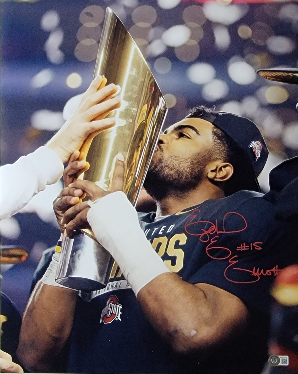 Ezekiel Elliott Autographed OSU Ohio State Buckeyes 2015 National Champion 16x20 Photo Beckett Witnessed-Powers Sports Memorabilia