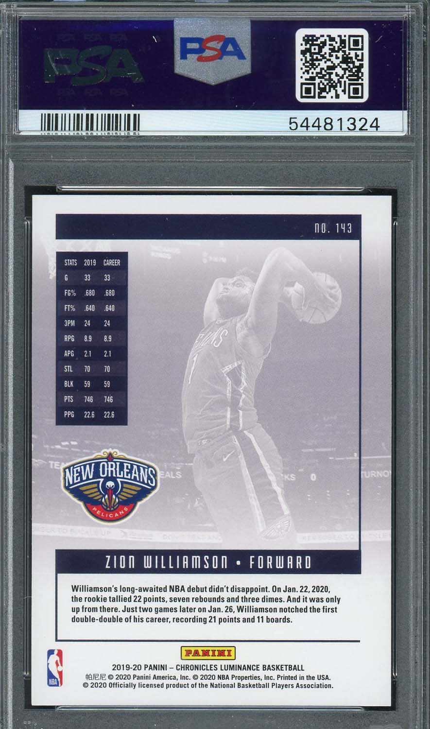 Zion Williamson 2019 Panini Chronicles Basketball Rookie Card #143 Graded PSA 10-Powers Sports Memorabilia