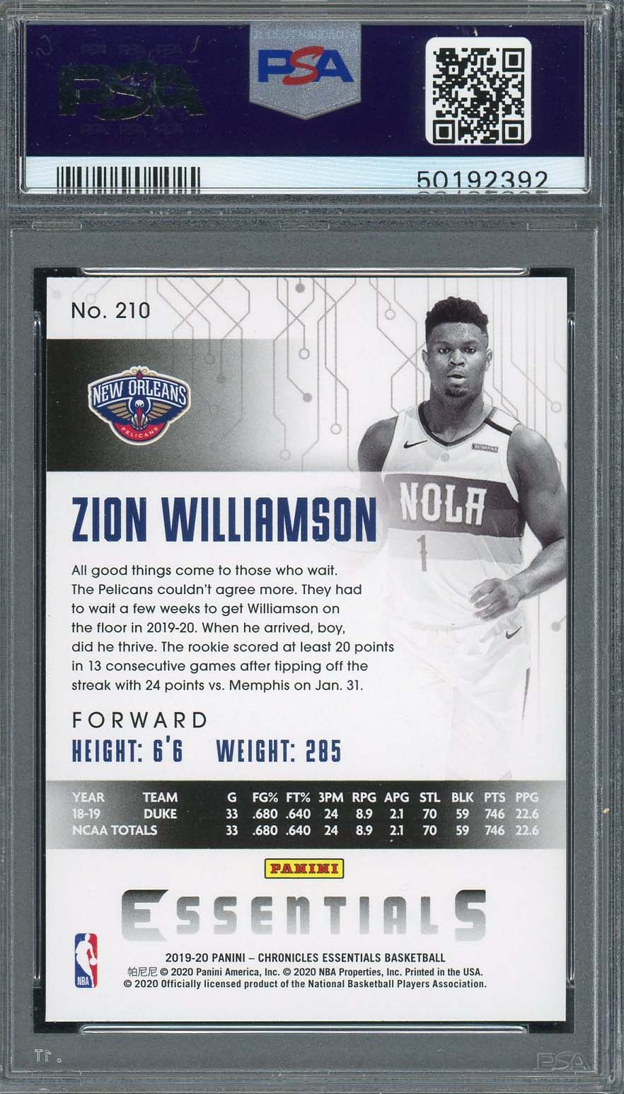 Zion Williamson 2019 Panini Chronicles Basketball Rookie Card RC #210 Graded PSA 10 GEM MINT-Powers Sports Memorabilia