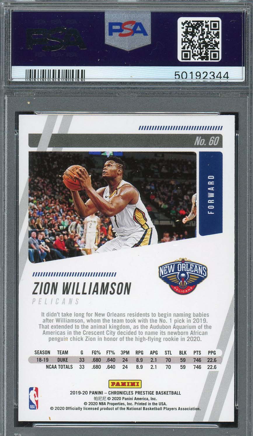 Zion Williamson 2019 Panini Chronicles Basketball Rookie Card RC #60 Graded PSA 10 GEM MINT-Powers Sports Memorabilia