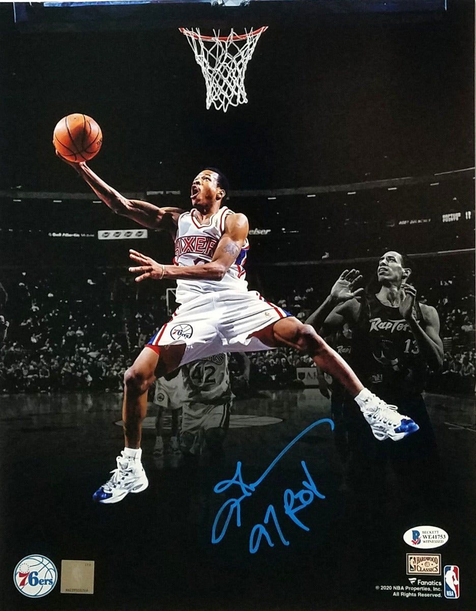 Allen Iverson Autographed Philadelphia 76ers Spotlight 11x14 Photo W/ 97 ROY Beckett Witnessed-Powers Sports Memorabilia